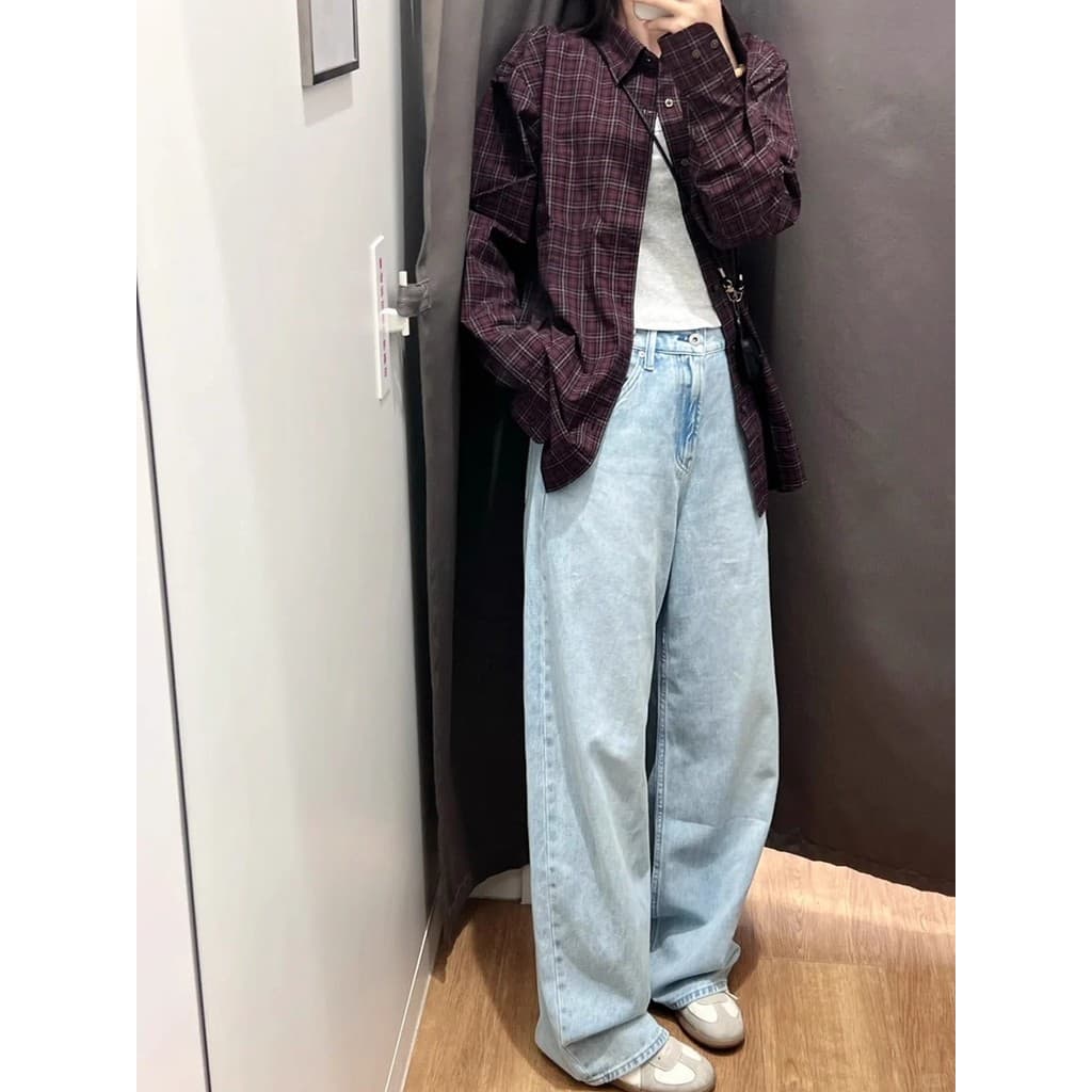 SUMU Su Mu · Calça Jeans de perfil com aparência mais fina, calça de foice lavada de perna larga, calça de chão feminina