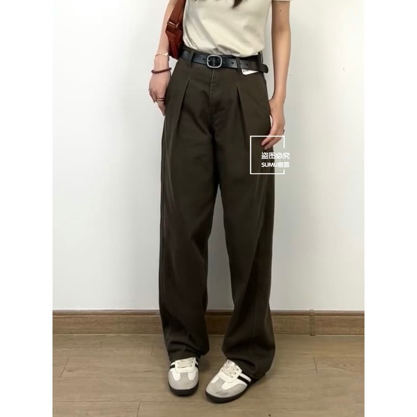 SUMU Retro Cintura Alta Plissada Estilo Denim Largo Calças Retas Lavadas Foice Calças Femininas471631