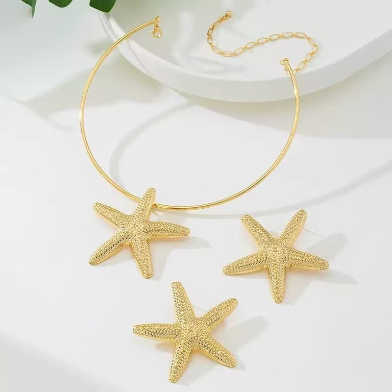 Conjunto Colar Choker & Brincos Estrela-do-Mar Dourado,  Não Desbota, Acessório Praiano Verão