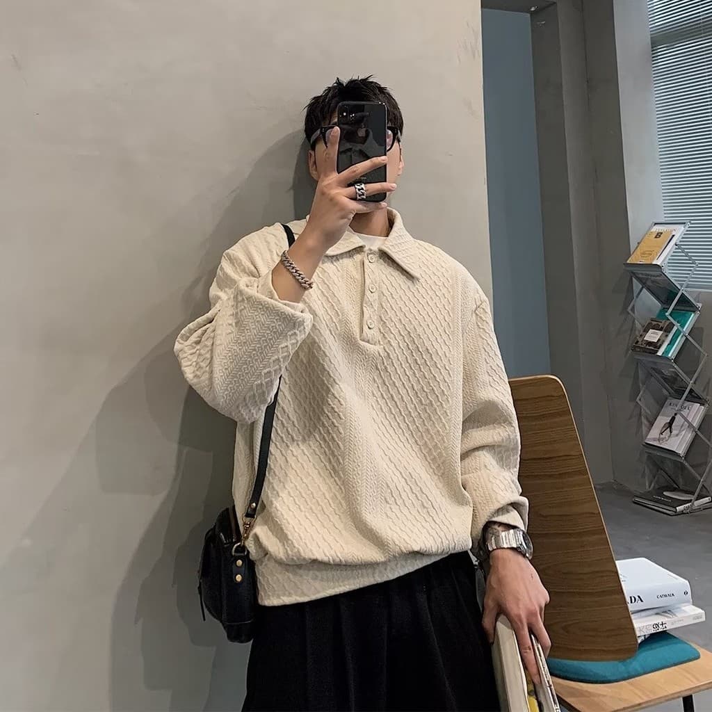 Primavera outono novo estilo lapela moletom masculino americano High Street solto Retro texturizado pulôver moda camisa