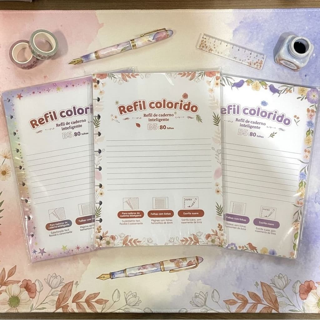 Refil para Caderno Inteligente A4 B5 80 Folhas Estampa Floral Delicada Papelaria Fofa Feminina