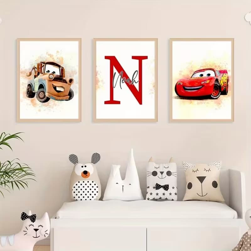 kit 3 quadros Infantil Cars Relâmpago McQueen + Letra e Nome Personalizada | Quadro Decorativo Quarto Menino