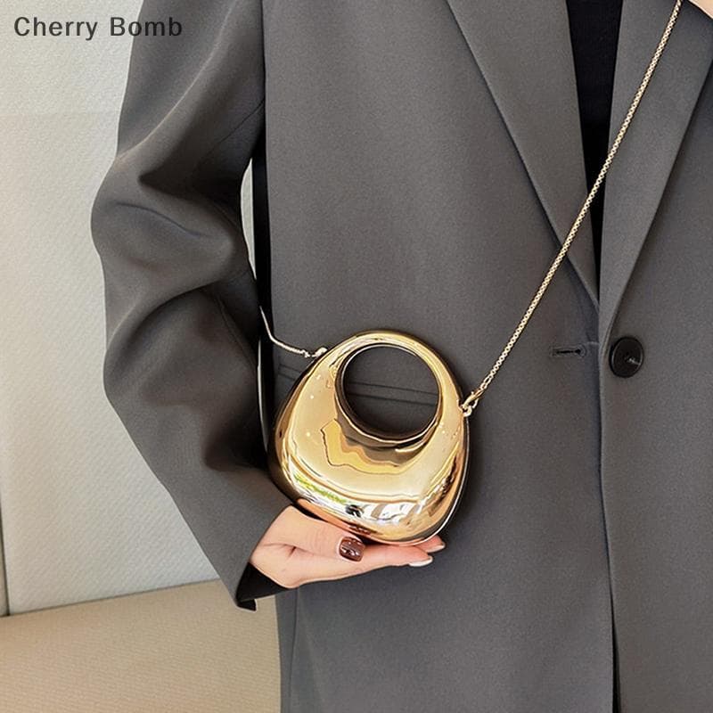 (Bomba De Cereja) Bolsa Crossbody Feminina Pequena Acrílico Metálico Brilho Meia Lua Festa Banquete De Luxo Nova