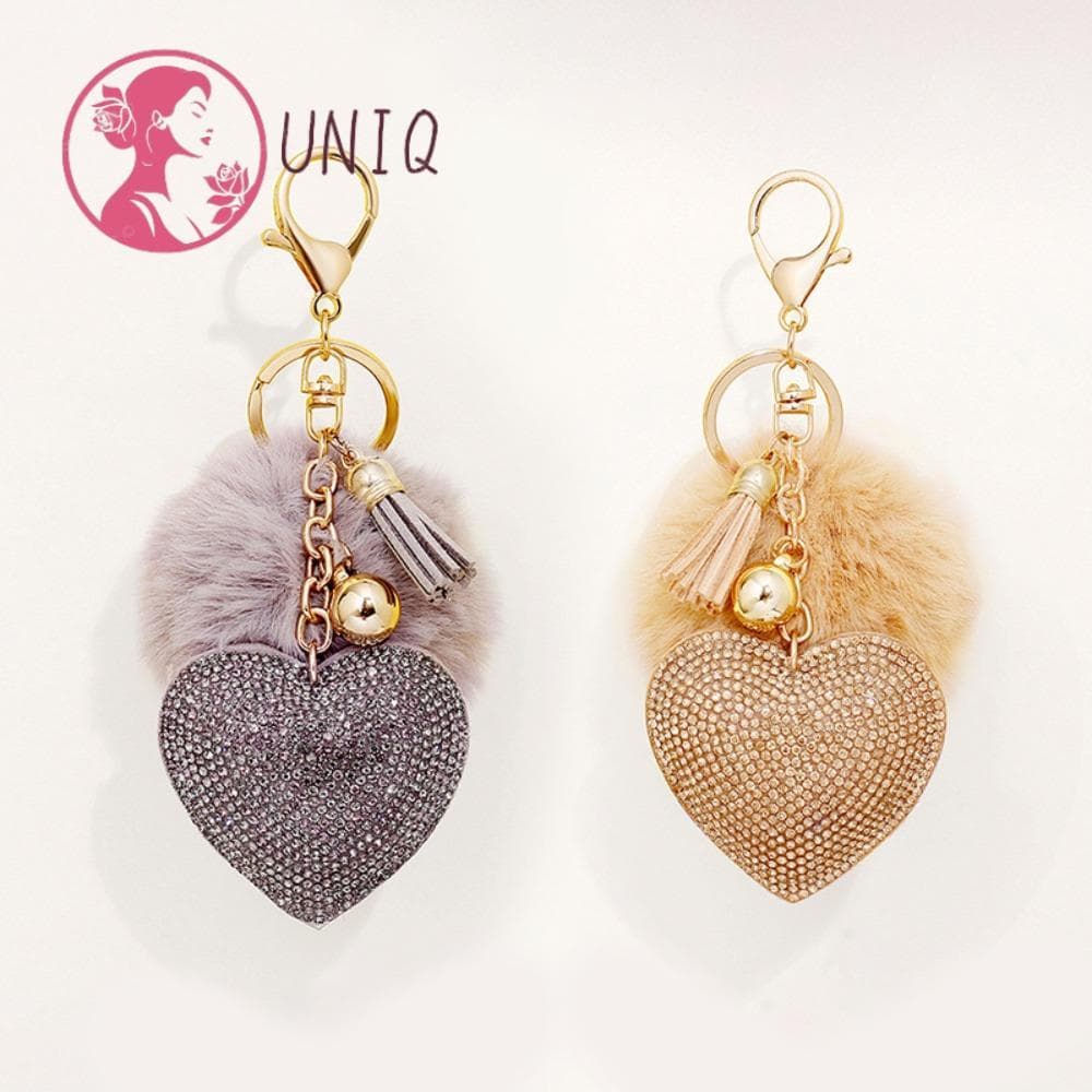 Chaveiro De Bola De Pelúcia UNIQ , Liga De Cor Sólida , Pingente De Bolsa De Pele Sintética De Coração De Strass Fashion