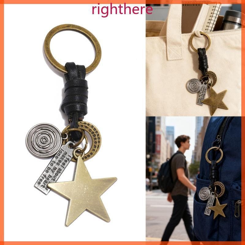 Chaveiro Couro Direito Pingente Estrela Metal Punk Porta-Chaves Decorativo Carro Para Uso Diário