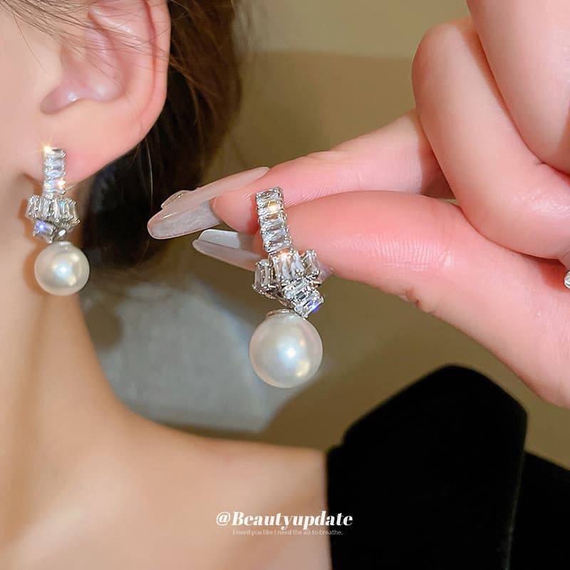 Brincos de pérola com nó de zircônia, agulha de prata, elegante, leve, estilo de luxo, exclusivos, simples, brincos de a