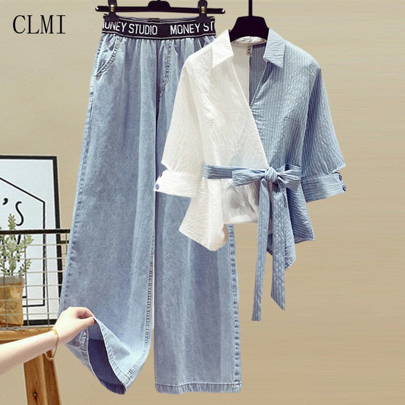 Conjunto de roupas femininas plus size, nova camisa listrada com costura e jeans de cintura alta, duas peças R5096