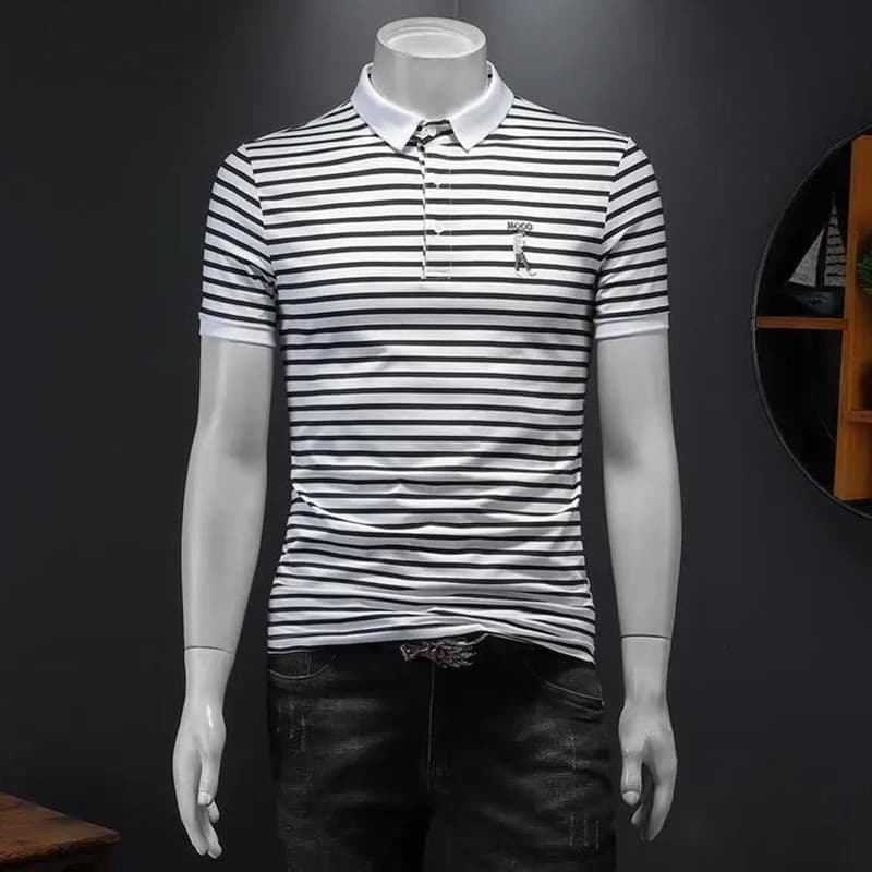 High-End Street Wear listrado camisa Polo masculina 2026 verão lapela manga curta camiseta Casual All-Match magro-ajuste