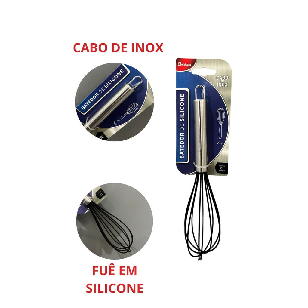 Batedor Fuê Silicone Cabo Inox 25cm Preto Cozinha Ovos Massas Antiaderente Belakaza