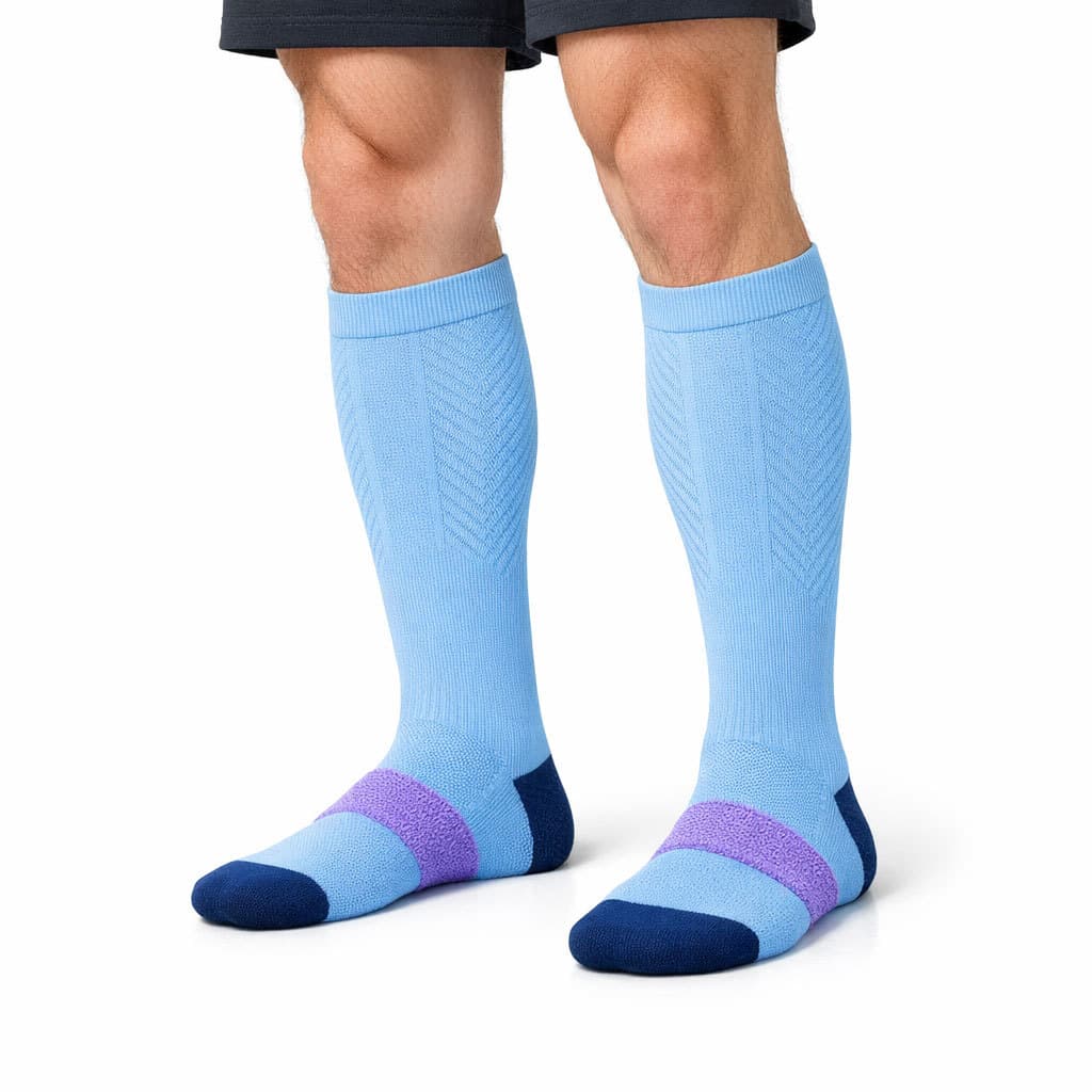 Meia de Compressão Esportiva 20-30 mmHg 3/4 Fisiovital Azul Claro Corrida Ciclismo