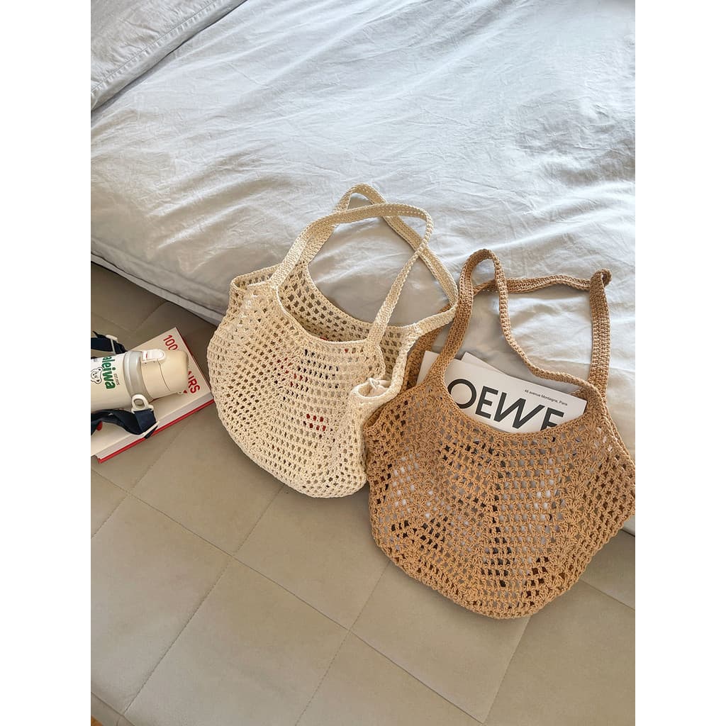 Chique tecido saco Casual grande capacidade fio de algodão oco saco de palha estilo preguiçoso saco de praia de um ombro