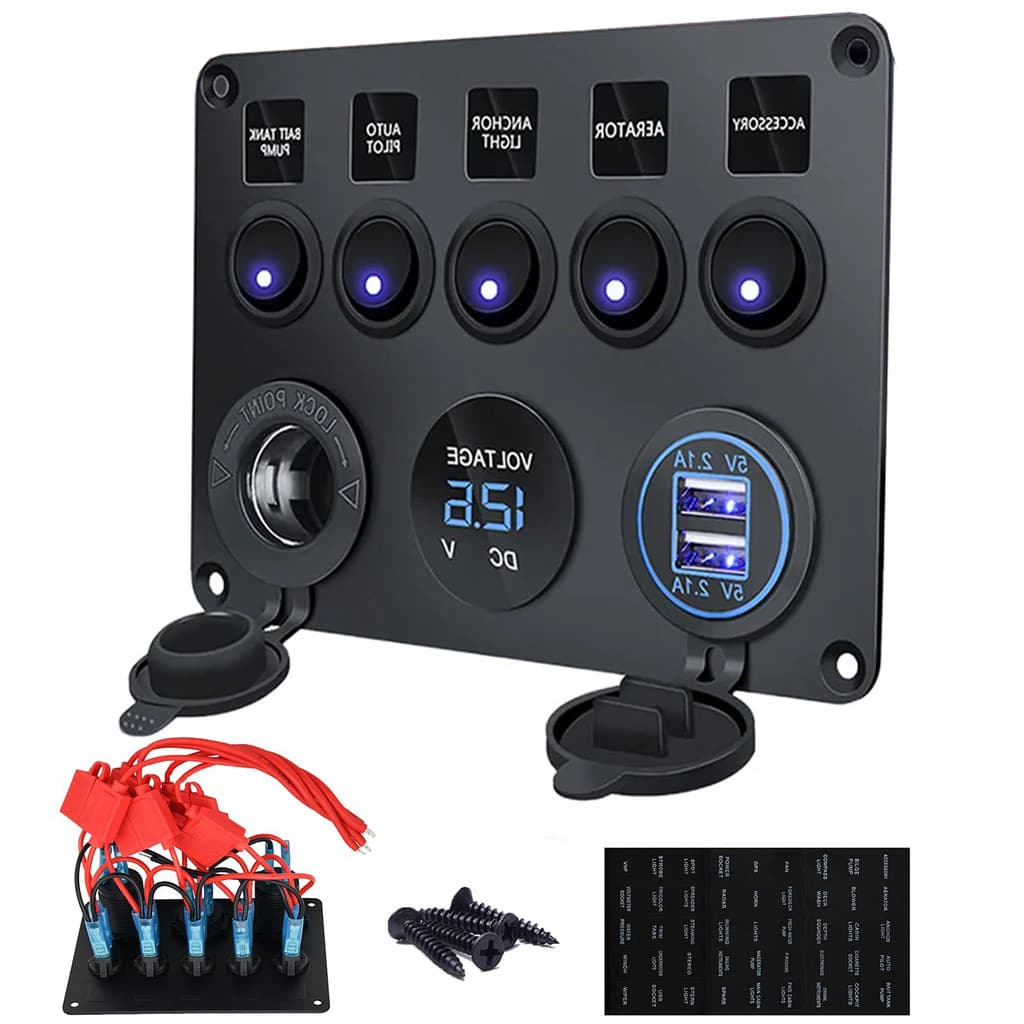 Painel De Interruptor Marinho 24V , À Prova D'água , De 5 Botões , Usb , Led , Voltímetro Digital , Tomada De Isqueiro