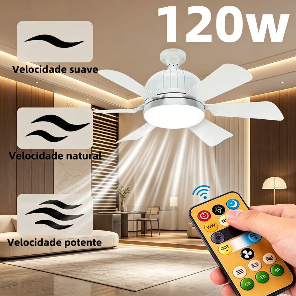 Ventilador de Teto com Luz LED 6 Hélices 60-120W Controle Remoto Bivolt para Pequenos Ambientes