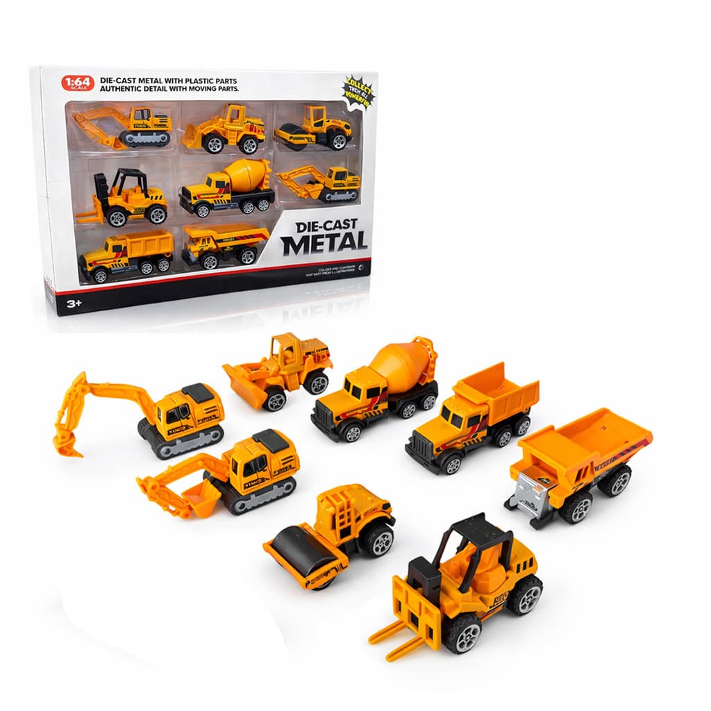 Kit 8 Mini Carrinhos de Construção Escala 1:64 Die-Cast Metal - Amarelo