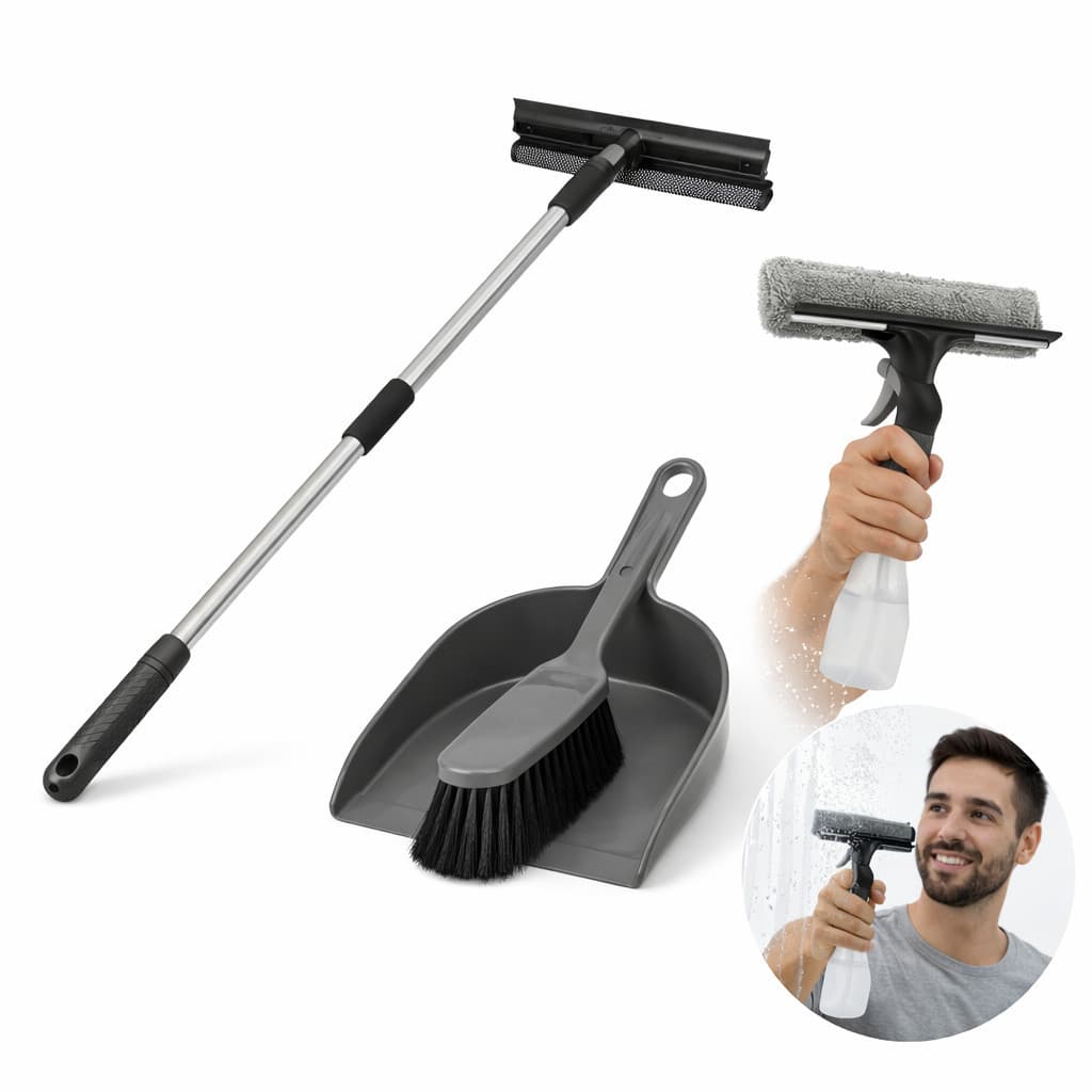 Kit Doméstico Rodo Spray Vidro + Rodo Emborrachado Pá Escova