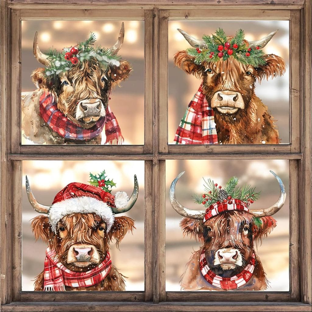 Whaline 4 Sheet Large Christmas Window Clings Xmas Watercolor Highland Cow Reusable Window Decals for Winter Holiday Hom