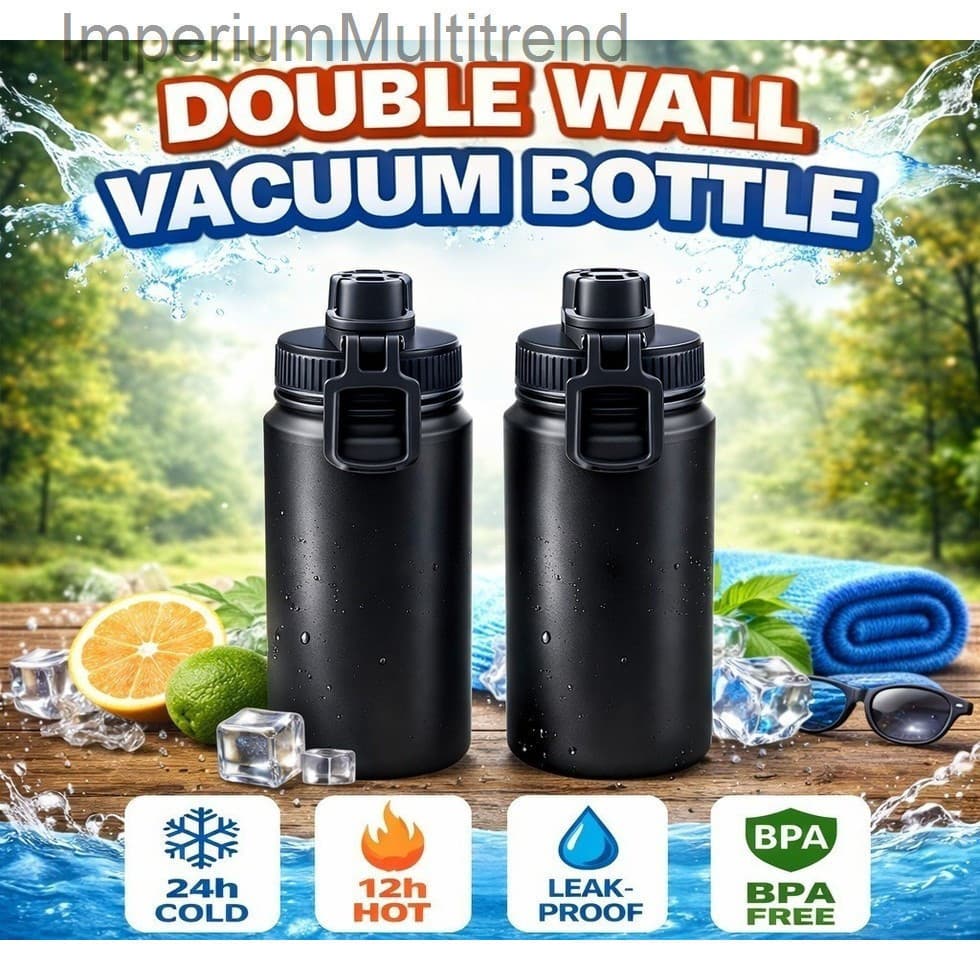 Kit 2 Garrafas Térmicas 800ml Preta Inox Parede Dupla com Tampa Leak Proof BPA Free59T9