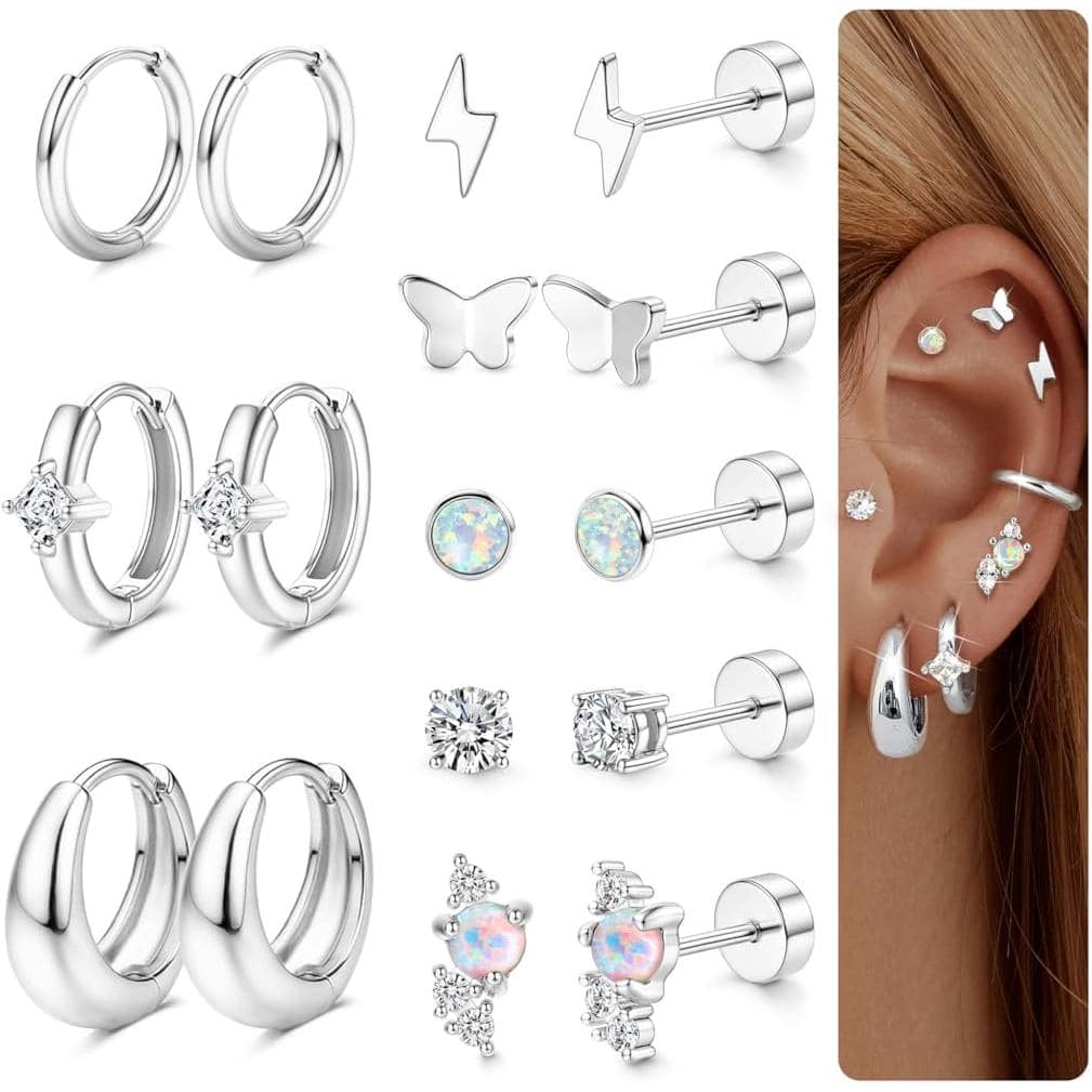 FUNRUN JEWELRY Brincos Hipoalergênicos de Base Plana para Mulheres, Conjuntos de Brincos de Aço Inoxidável Cirúrgico par
