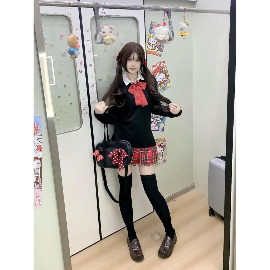 Fornecimento escolar estilo japonês estilo Preppy com decote em V camisola camisola All-Match saia curta pimenta saia JK