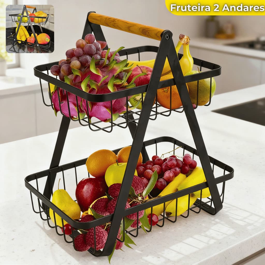 Fruteira De Mesa 2 Andares Organizador Frutas Cesto Metal Aramado Multiuso Legumes Luxo Premium