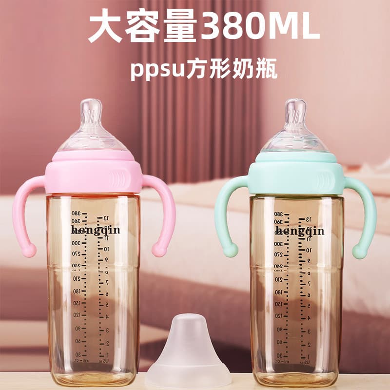 He hengqin grande calibre resistente a choques PPSU palha garrafa de bebê excêntrica quadrada garrafa de bebê 1-2-3 anos