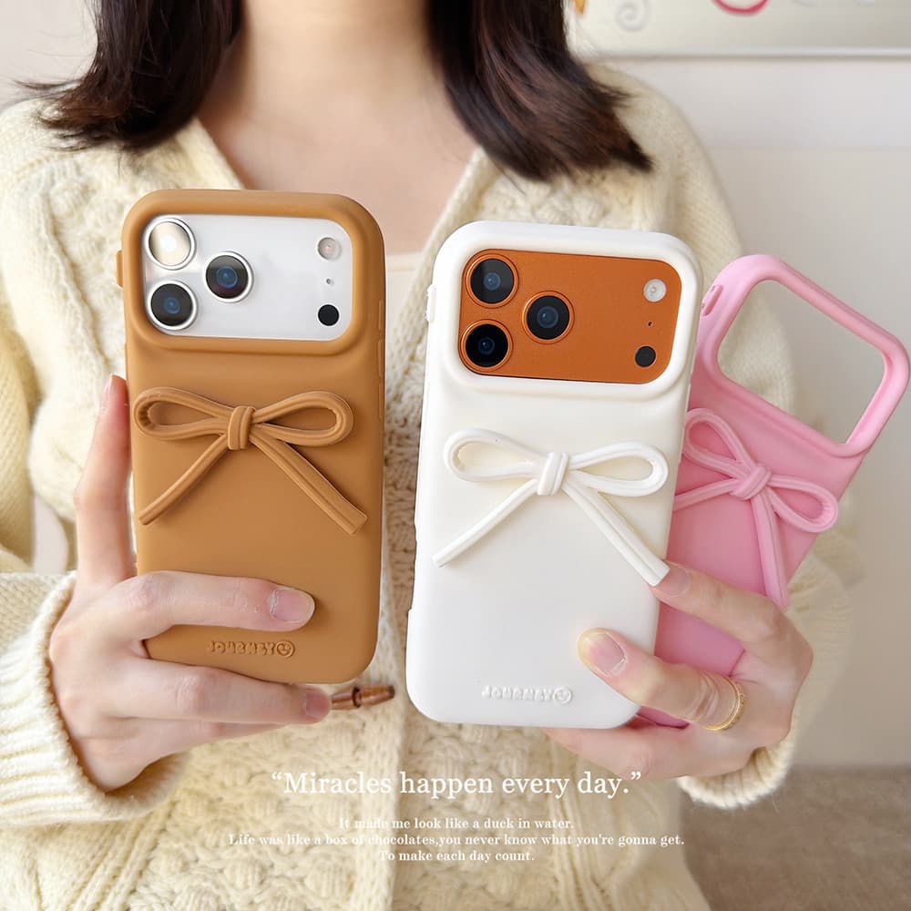 Capa de Silicone Macia com Laço 3D Kawaii para iPhone 12 13 14 15 16 Plus 17 Pro Max, Capa Divertida e à Prova de Choque