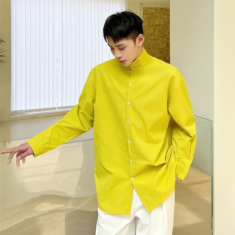 Primavera verão estilo chinês botão de disco camisa de manga comprida masculina Retro temperamento moda solta gola alta