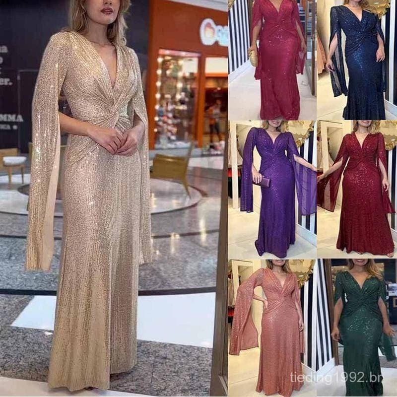Mulheres Elegante Twist Knot Cintura Lantejoulas Vestido Slim Maxi Vestido Feminino V-neck Split SleeveClub Evening Gala