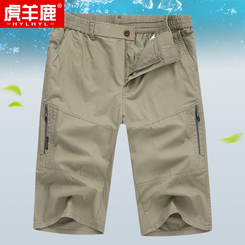 Shorts casuais de meia-idade masculino solto de meia-idade idosos calças cortadas de algodão puro verão pai 7 pontos cal