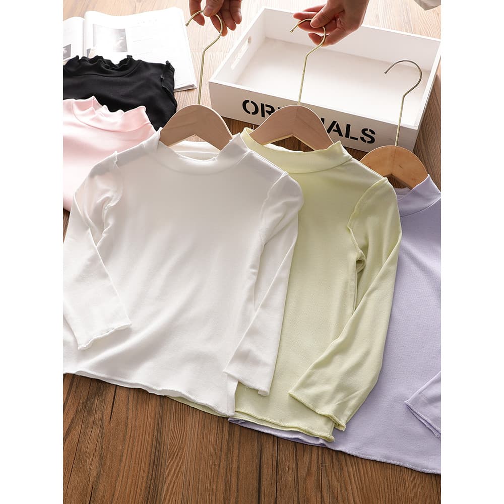 Camisa de fundo com borda fungo para meninas primavera outono ~ bebê cor sólida gola média alta estilo fino All-Match al