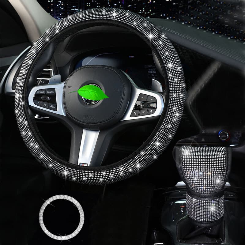 Capa de volante de carro com aplicações de diamantes | Adequado para todas as estações | Capa para volante sem anel inte