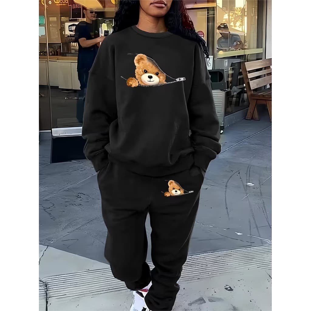 Conjunto Moletom Careca Feminino Zíper De Urso Blusa De Frio + Calça Moletom Estampados Unissex Outono/Inverno