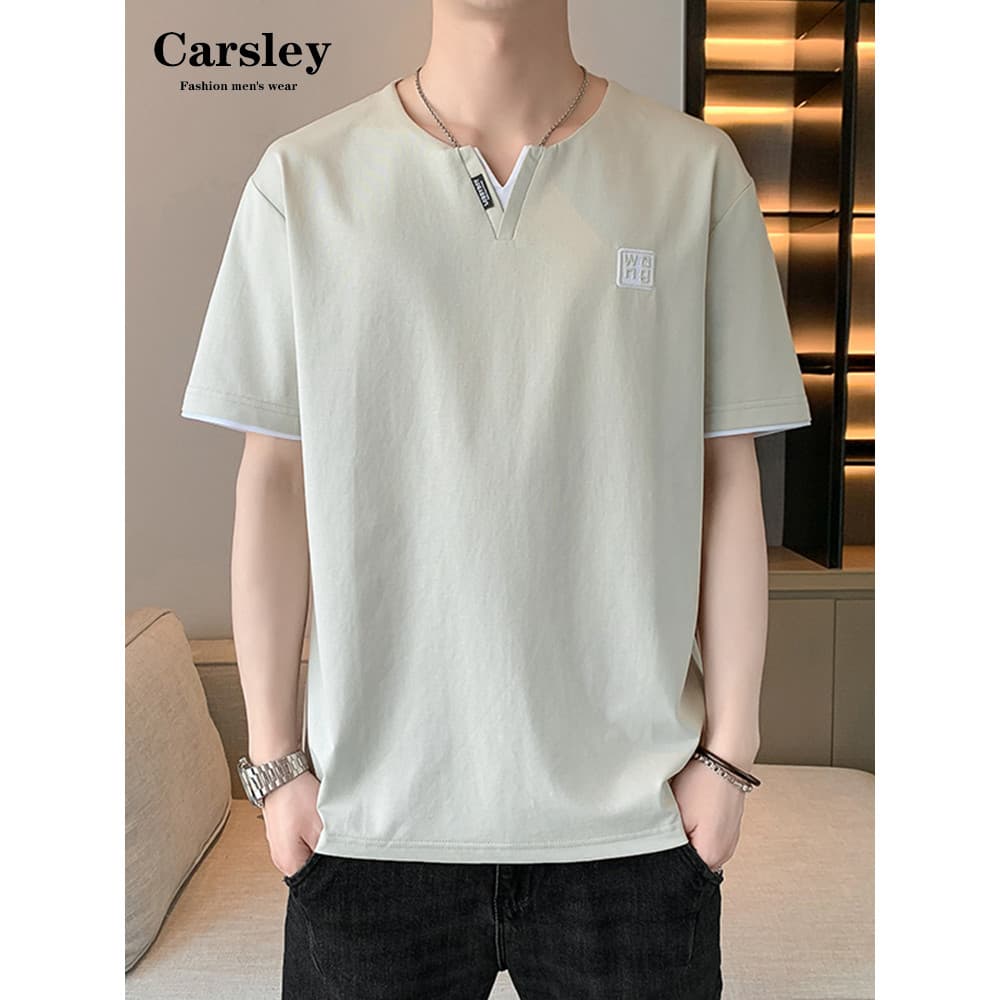 Camiseta masculina de manga curta versão coreana verão novo estilo pequeno decote em V seda gelo All-Match fino-ajuste