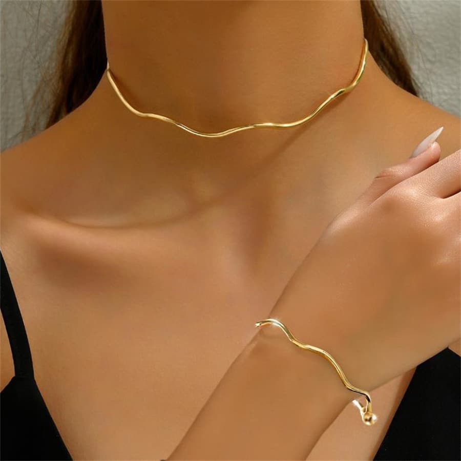 Ajustável Ouro Prata Colar Pulseira Conjunto Moda Onda Borda Gargantilha Versátil Presente