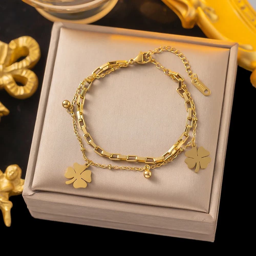 Pulseiras Retrô De Trevo De Folhas Duplas Em Aço Titânio Para Mulheres , Hipoalergênicas , Sem Desbotamento , Acessórios