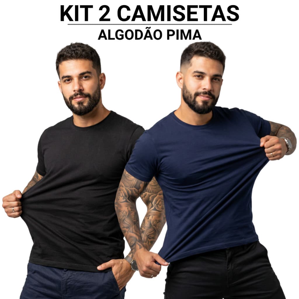 KIT 2 Camiseta Masculina Algodão Pima Premium Básica Lisa Academia e Dia a Dia