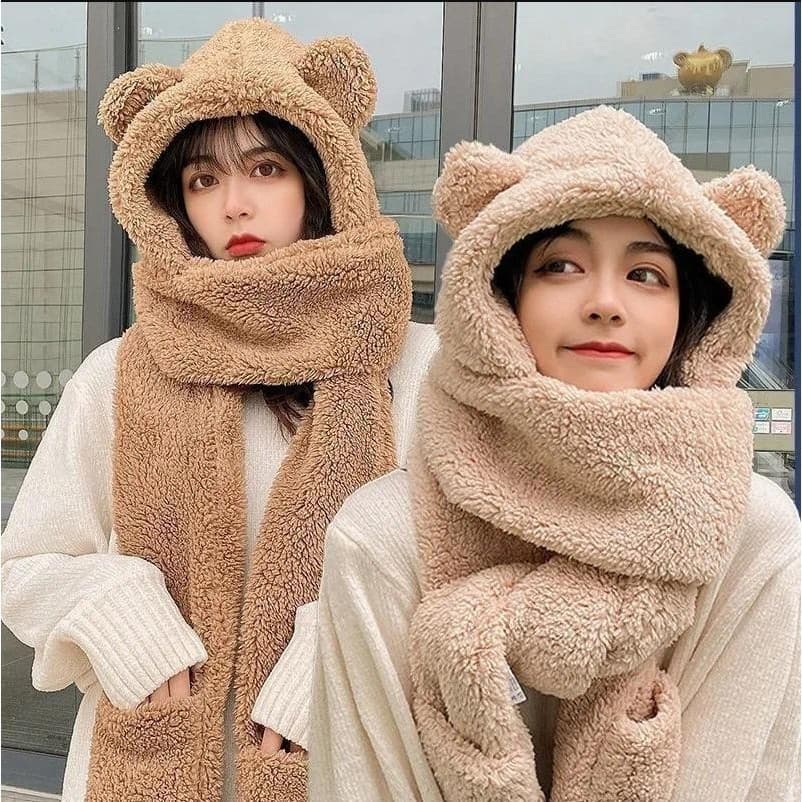 Moda Inverno Feminina: Gorros e Chapéus Inovadores, Chapéu Quente com Orelhas de Urso, Conjunto Casual de Chapéu e Cache