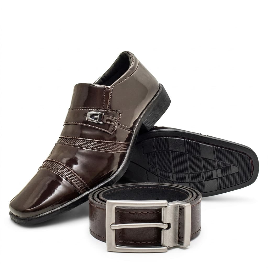 Kit Sapato Social Masculino Verniz Café Fivela Cinto Dupla Face