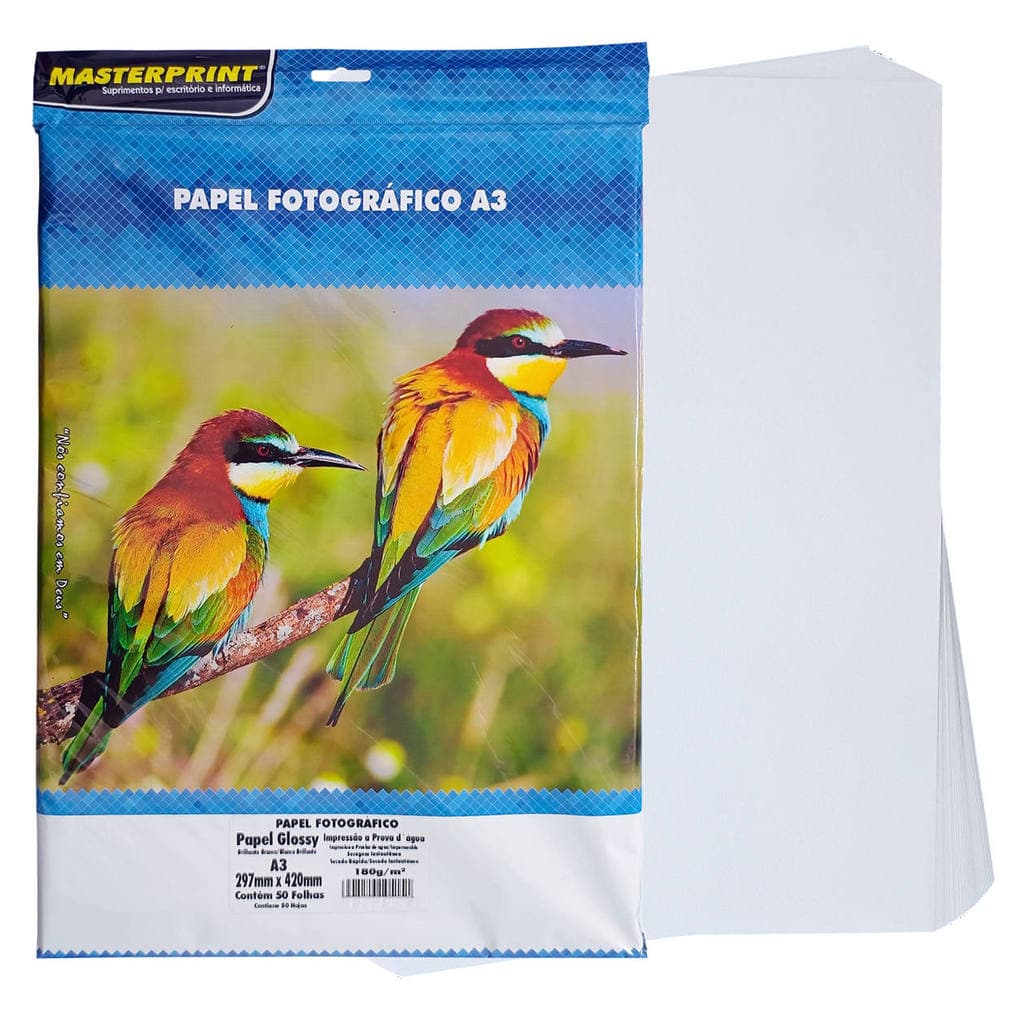 Papel Fotográfico A3 180g Glossy Branco Brilhante Photo Paper Masterprint Pacote com 50 Folhas