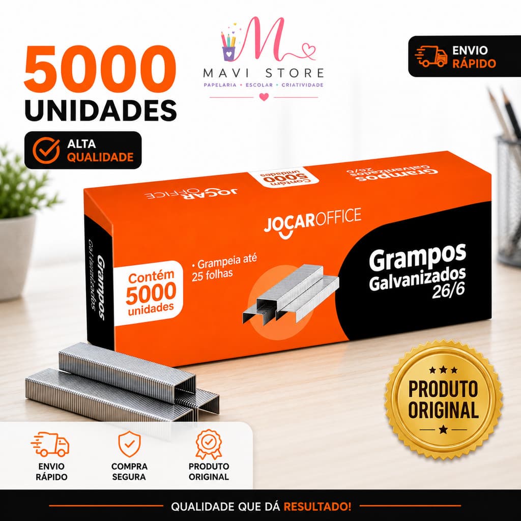 Grampo 26/6 Galvanizado 5000 Unidades Jocar Office Alta Resistência Grampeia Até 25 Folhas
