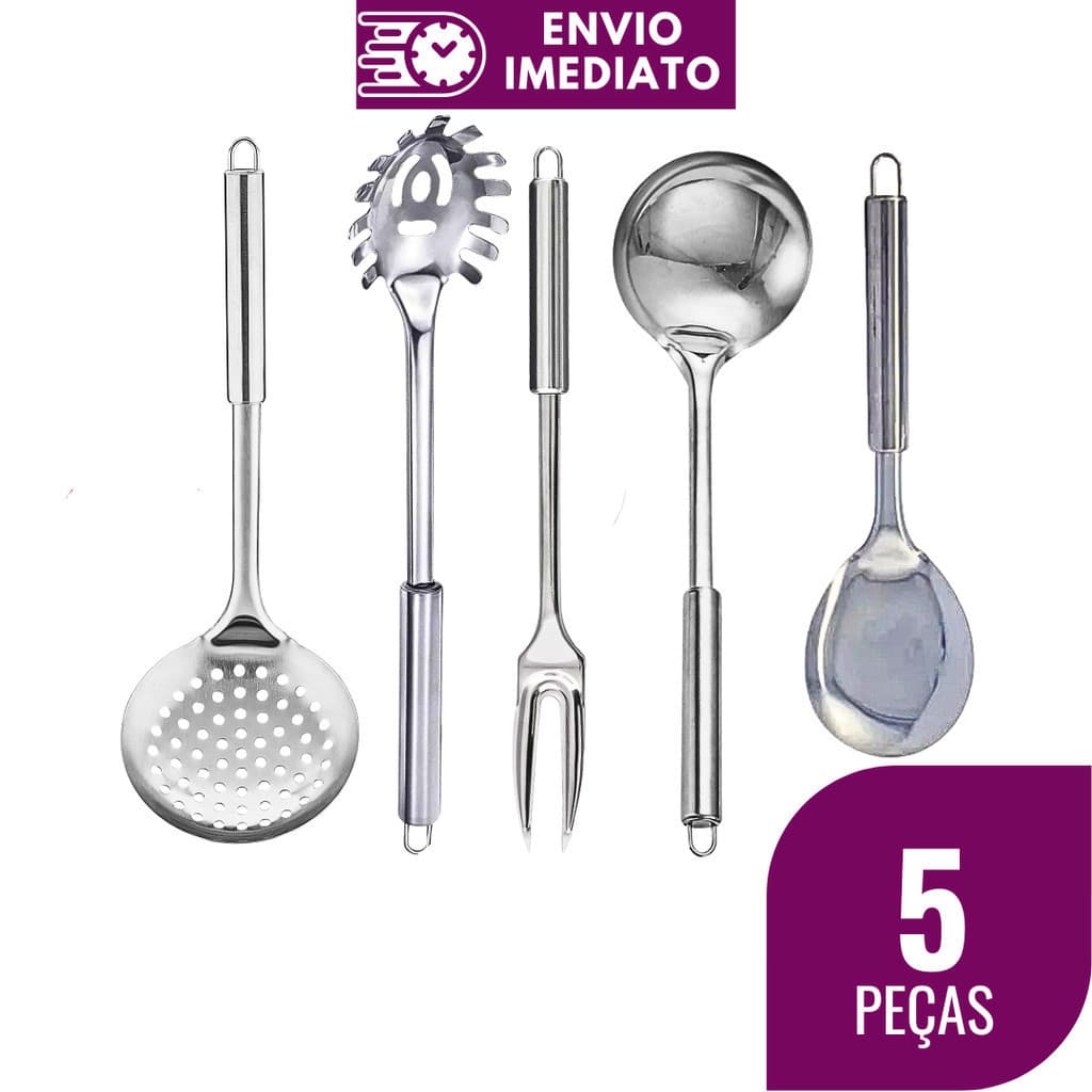 Utensílios Inox 4/5 Peças Jogo Colher de Arroz Concha Escumadeira Garfo Trinchante Pegador Cozinha