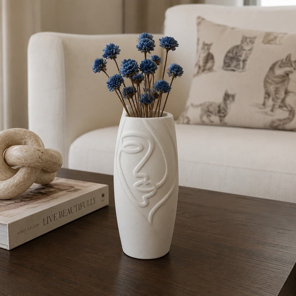 Vaso Decorativo Rosto Feminino 17cm Branco e Marfim Relevo Moderno para Sala e Quarto Tami