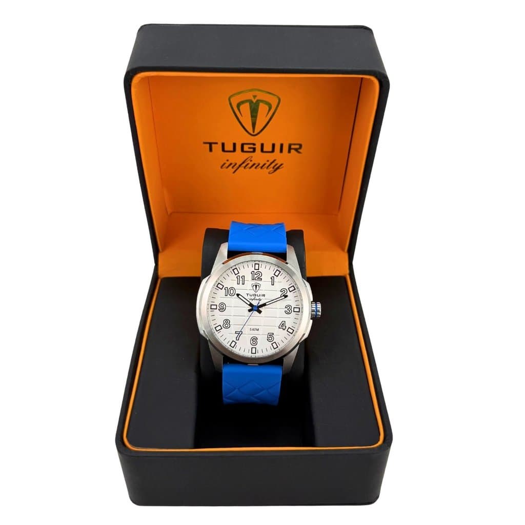 Relógio Masculino de Aço Tuguir Analógico Infinity 23-2236 Prata e Azul (Resistente à água 5ATM, Vintage, Luxuoso)