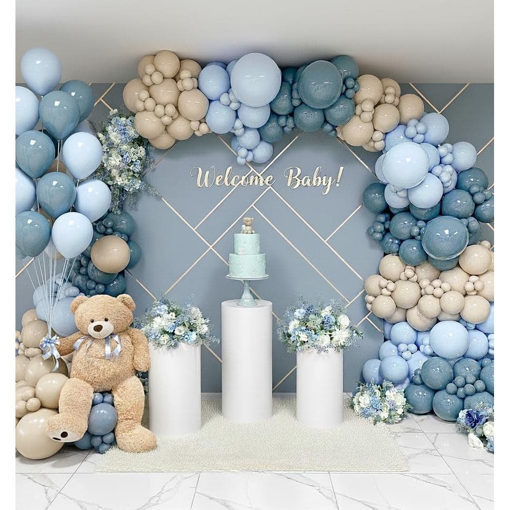 Kit de Arco de Balões em Azul Acinzentado e Branco com 152 Peças, Balões de Látex Azul Acinzentado, Branco e Azul Bebê p