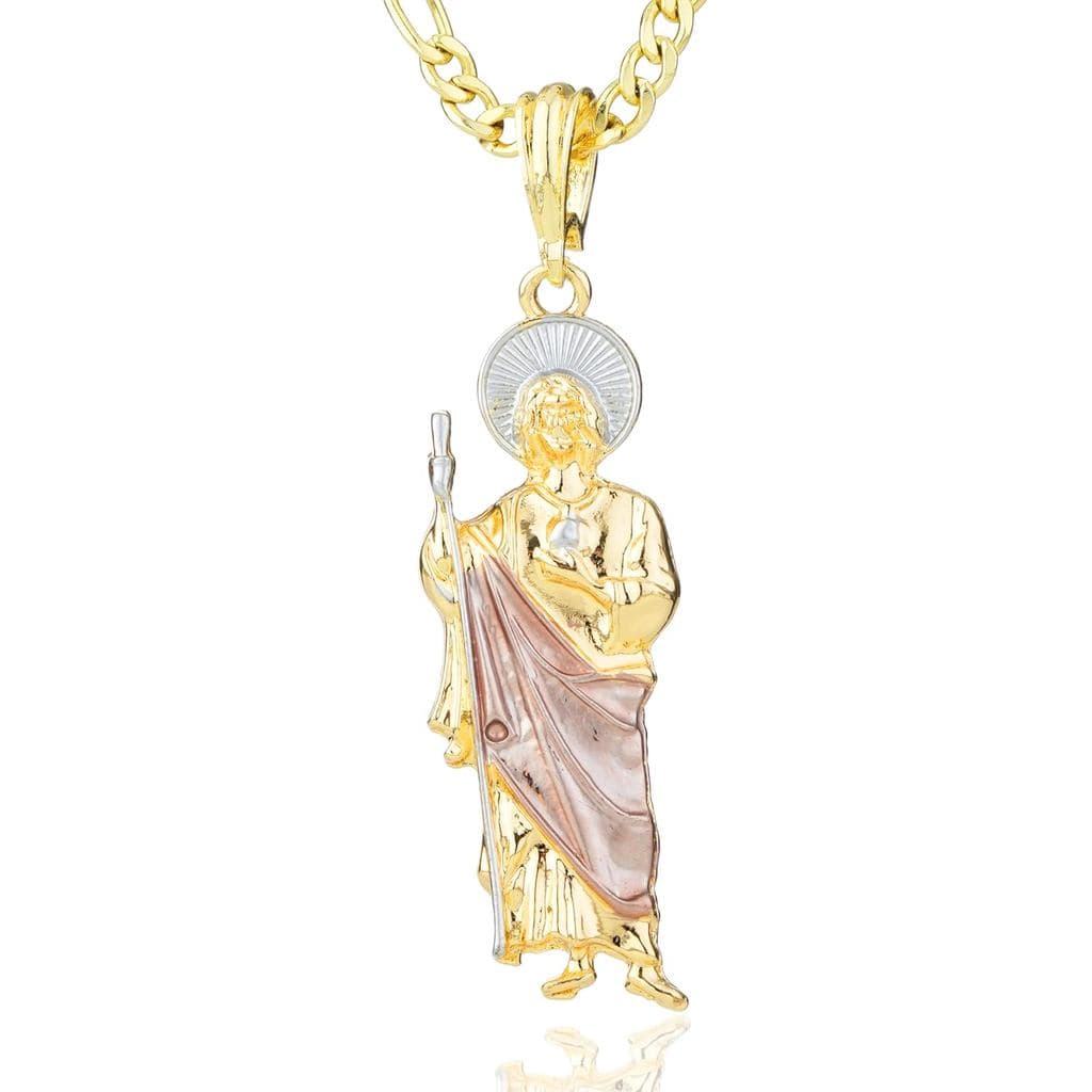 Colar com Pingente de São Judas Tadeu Banhado a Ouro 14K, Joia Religiosa, Medalha de São Judas Tadeu, Corrente de Ouro L