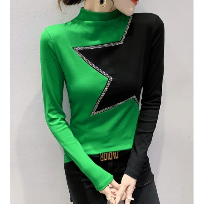 Camisa de fundo de gola meia alta feminina outono inverno 2024 novo estilo Design europeu contraste cor manga comprida c