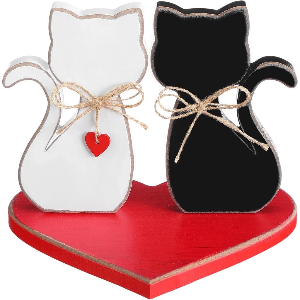 3 Pcs Valentine‘s Day Wooden Cats Decor Black and White Cat Valentines Table Sign Wooden Tabletop Ornaments Red Heart Ba
