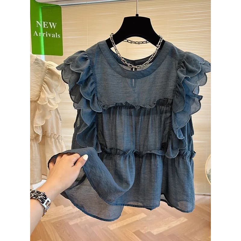 Pequena manga voadora em torno do pescoço camisa verão 2025 doce novo estilo orelha Design solto All-Match moda topo cam