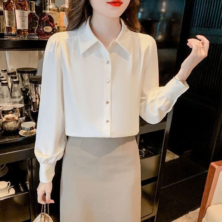 Nova camisa de cor sólida de manga comprida feminina solta primavera moda temperamento nicho camisa elegante All-Match B
