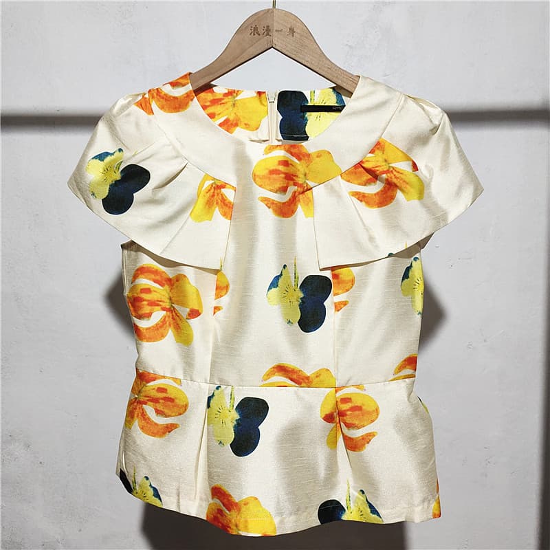 R RMEO Romântico Um Verão Casual Roupas Femininas Impressas Ombro Manga Curta Top Gola Redonda Pulôver Camisa Curta Esti